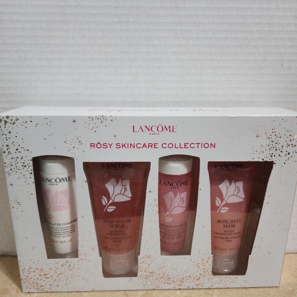 4pc Lancome Rosy Skincare Collection Makeup Remover Scrub Toner Mask New in Box